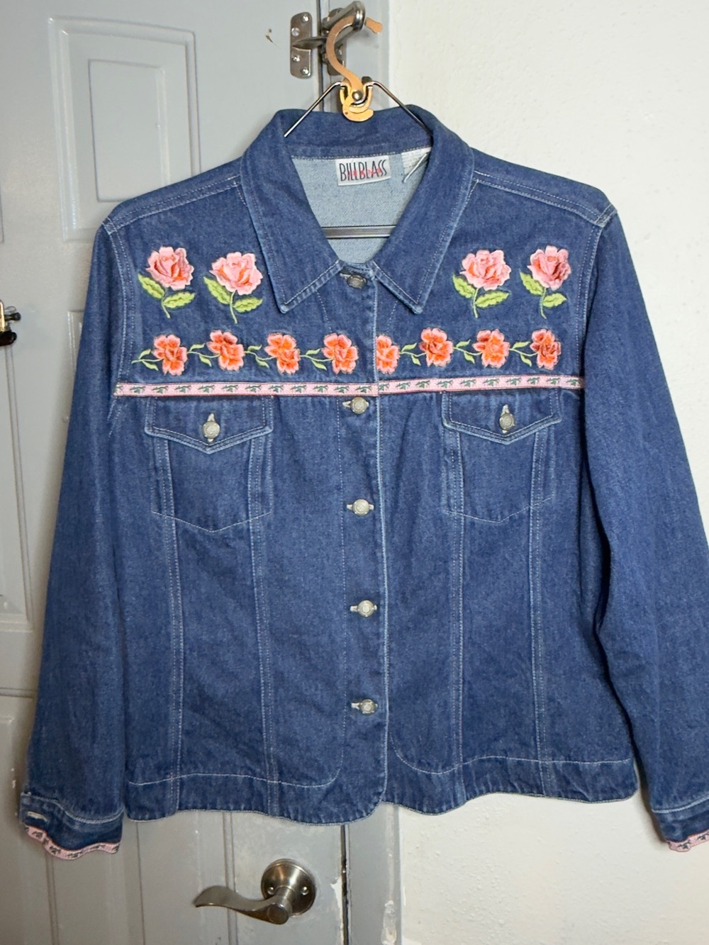 bill blass Blue Denim Jacket with Pink Floral Embroidery